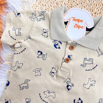 Conj. Camiseta Gola Polo Happy Friend e Bermuda - Areia e Marinho